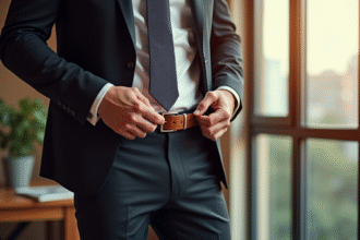 Homme élégant ajustant sa ceinture en cuir sur un pantalon sur mesure