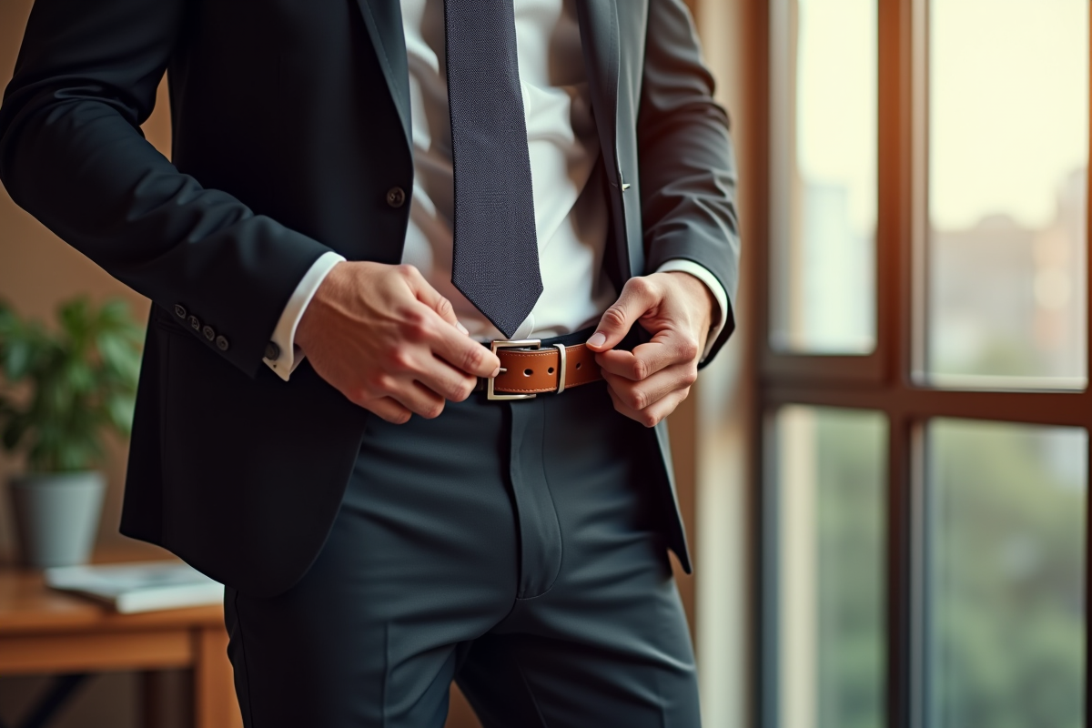 Homme élégant ajustant sa ceinture en cuir sur un pantalon sur mesure