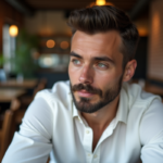 Homme élégant en café urbain visage en gros plan