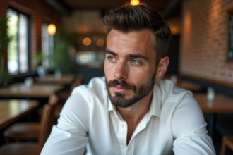 Homme élégant en café urbain visage en gros plan