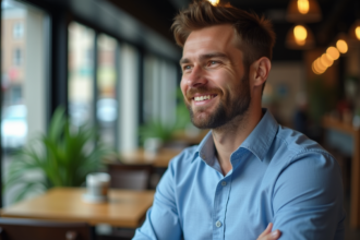 Homme bien habille dans un café urbain moderne