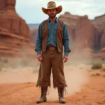 Homme en tenue de cowboy western avec chapeau à large bord en feutre tan et gilet en cuir dans un paysage désertique avec formations rocheuses rouges