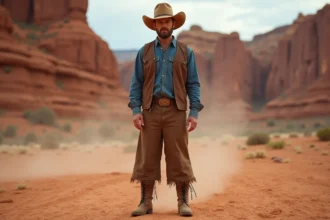 Homme en tenue de cowboy western avec chapeau à large bord en feutre tan et gilet en cuir dans un paysage désertique avec formations rocheuses rouges