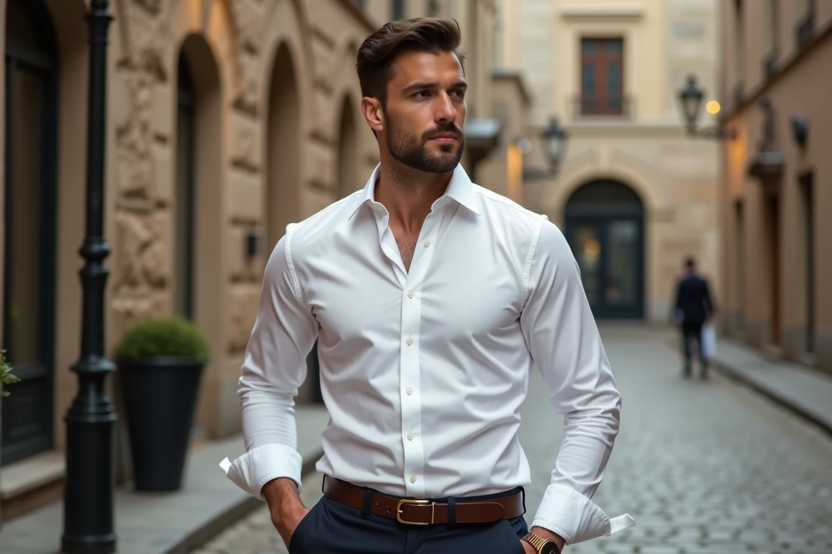 Homme élégant en chemise blanche portant une chevalière en or dans une rue pavée européenne aux tons automnaux