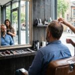 Homme en coiffure contemporaine regardant son reflet