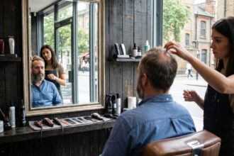 Homme en coiffure contemporaine regardant son reflet