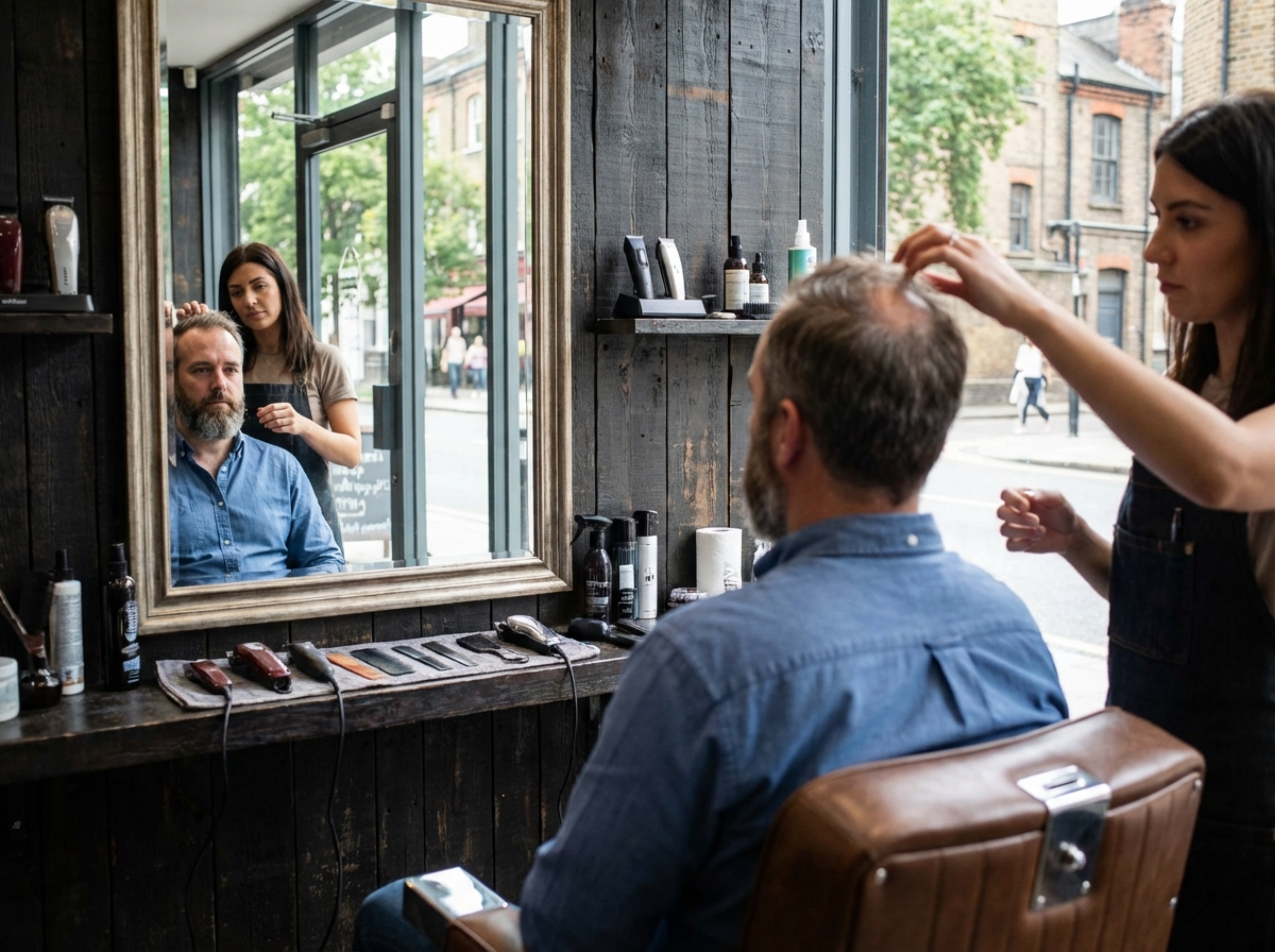 Homme en coiffure contemporaine regardant son reflet