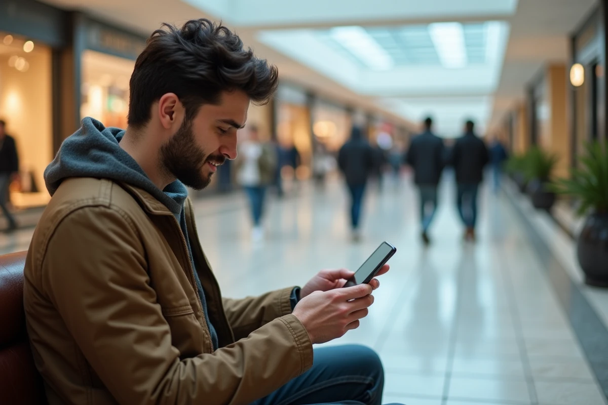 Homme regardant son téléphone dans un centre commercial moderne