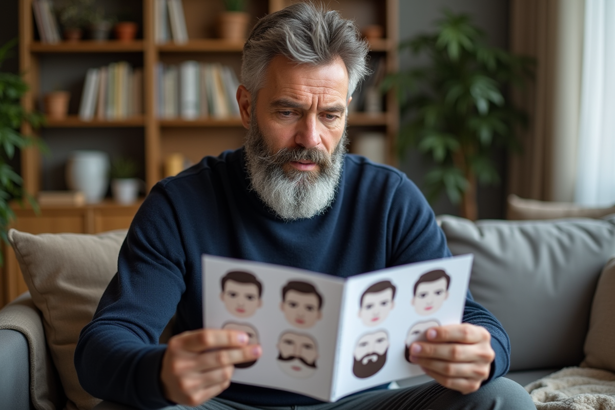 Homme avec barbe à la maison consulte un guide de styles de barbe