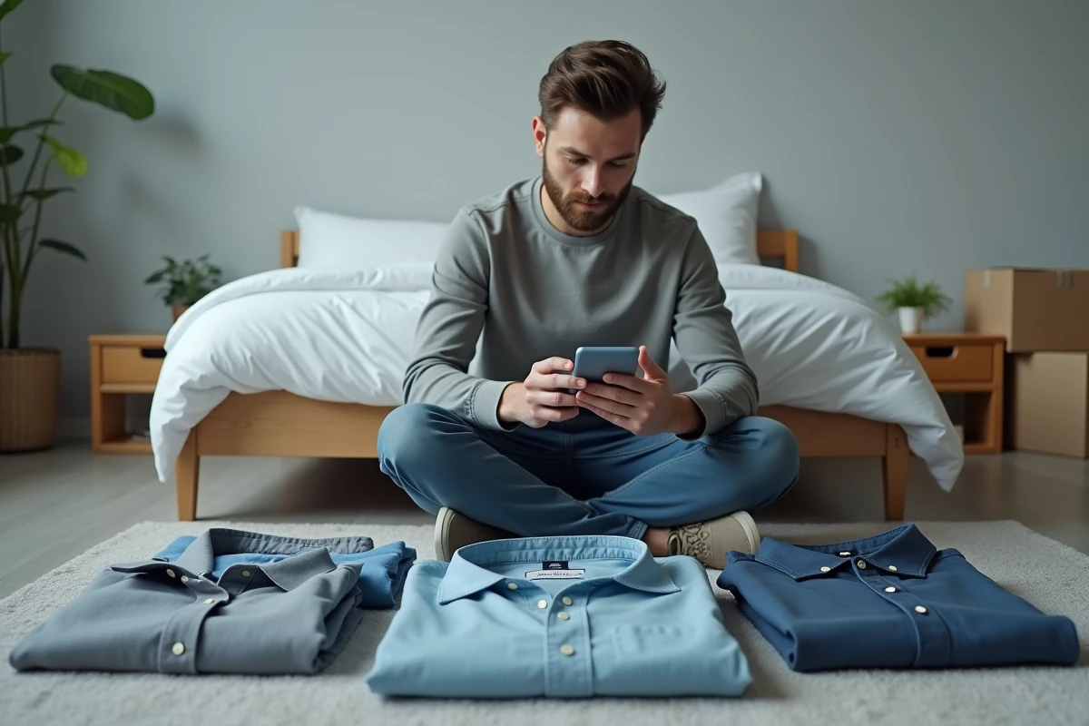 Homme consultant un convertisseur de taille vêtement sur son téléphone entouré de chemises pliées
