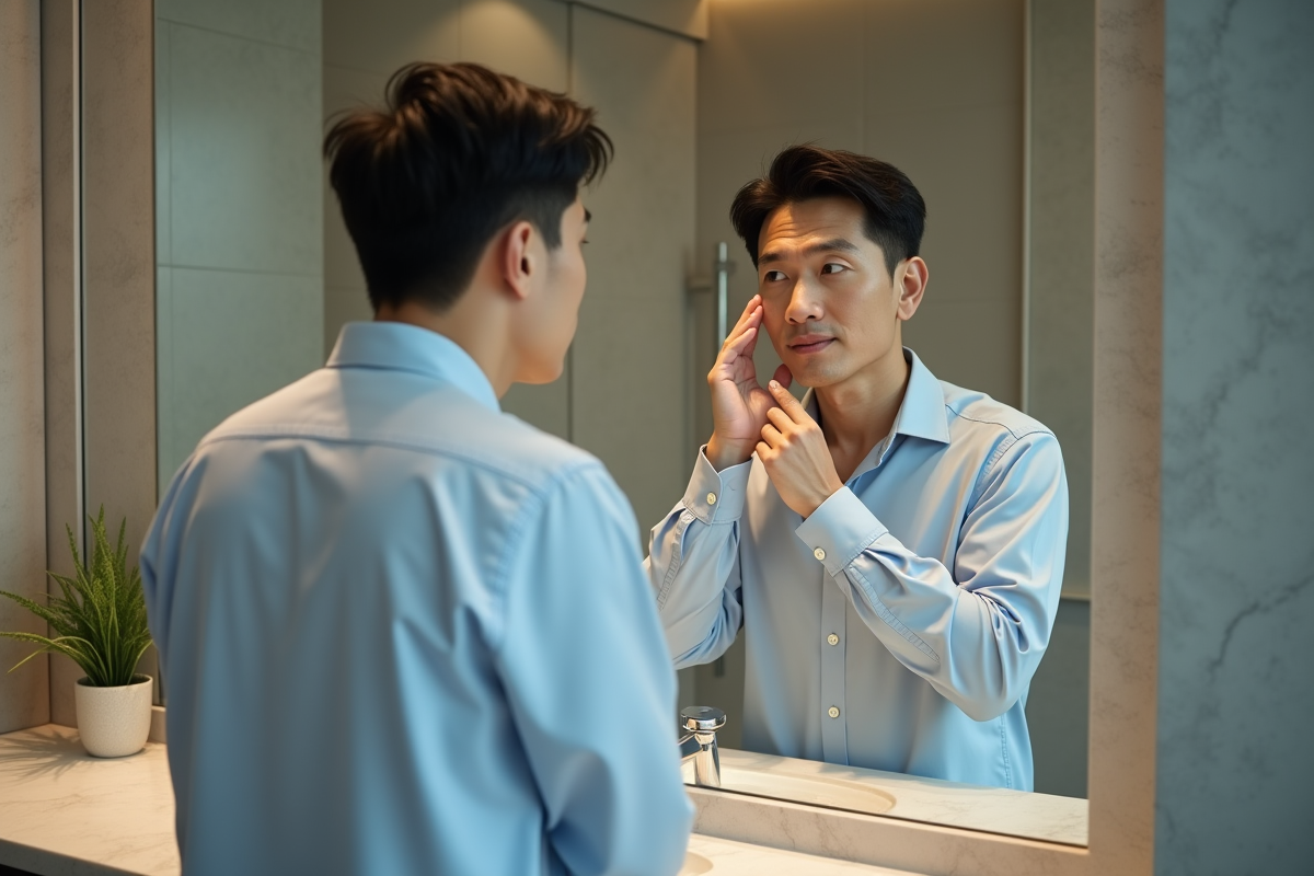 Homme koreen se patant une creme visage dans la salle de bain