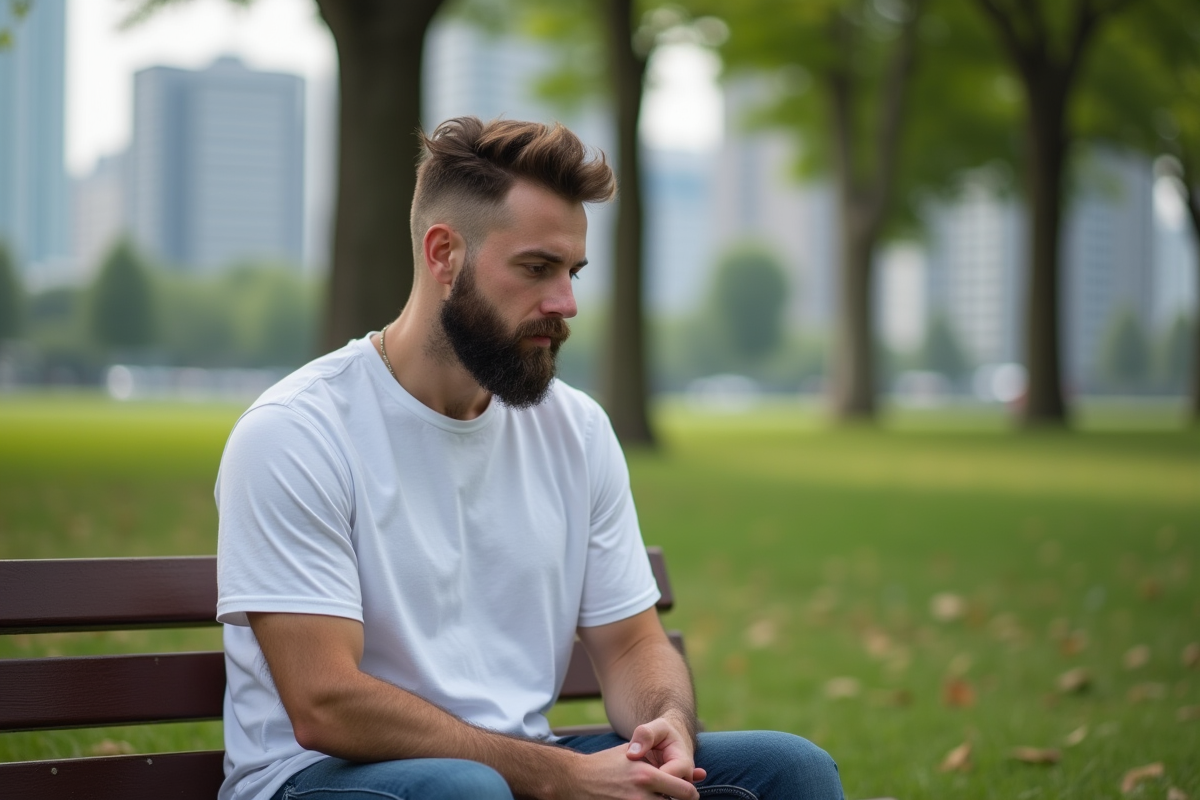 Homme barbu assis dans un parc en ville