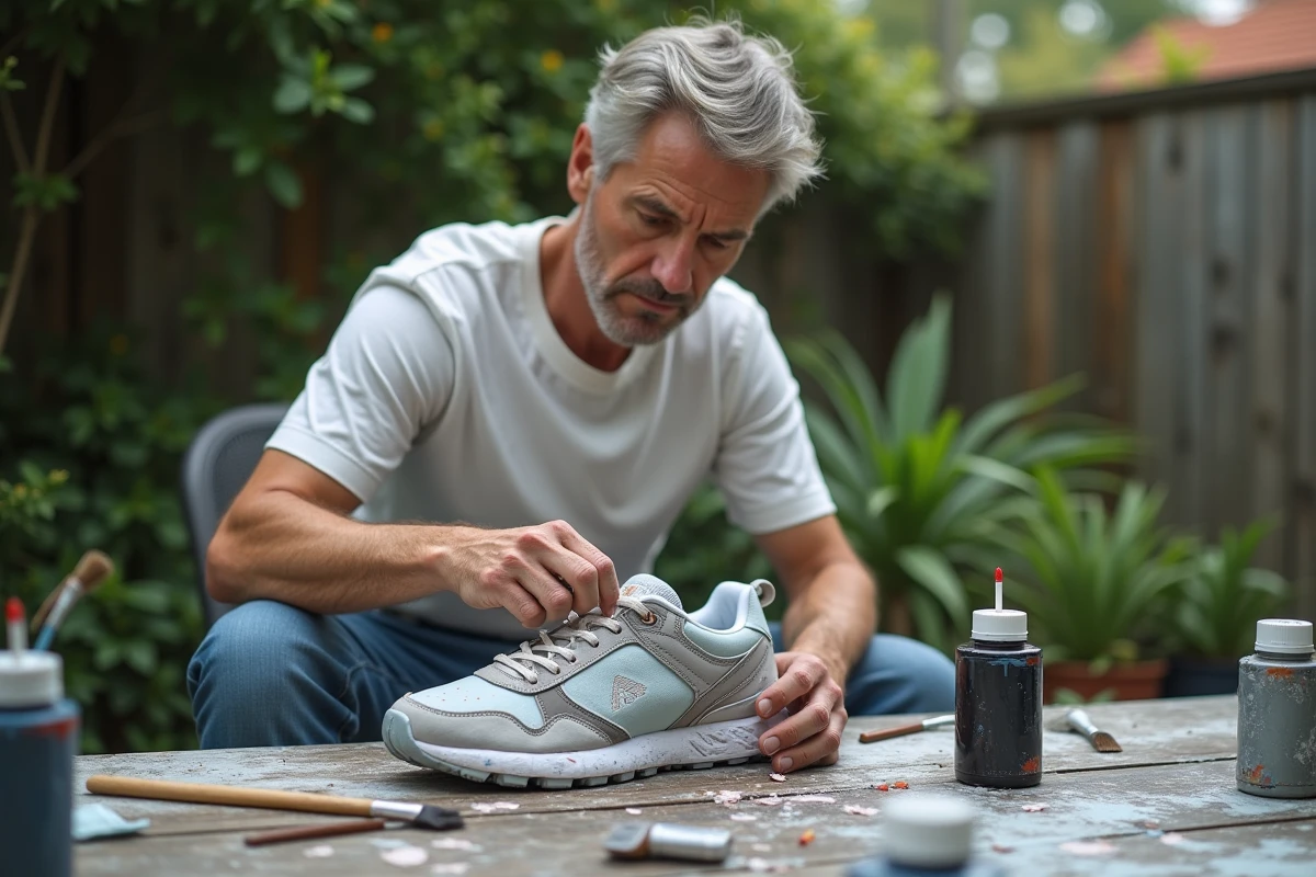 Homme regardant une sneaker peinte de travers en extérieur