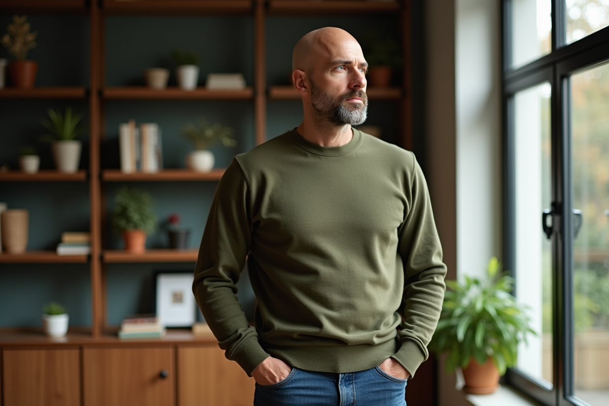 Homme chauve avec barbe en interieur de bureau chaleureux