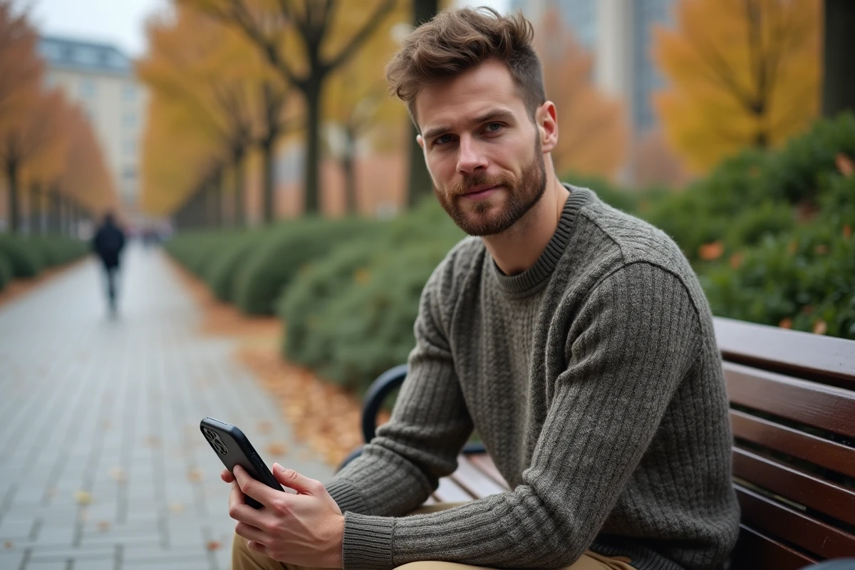 Homme assis dans un parc avec son iPhone 15 Pro en coque mate
