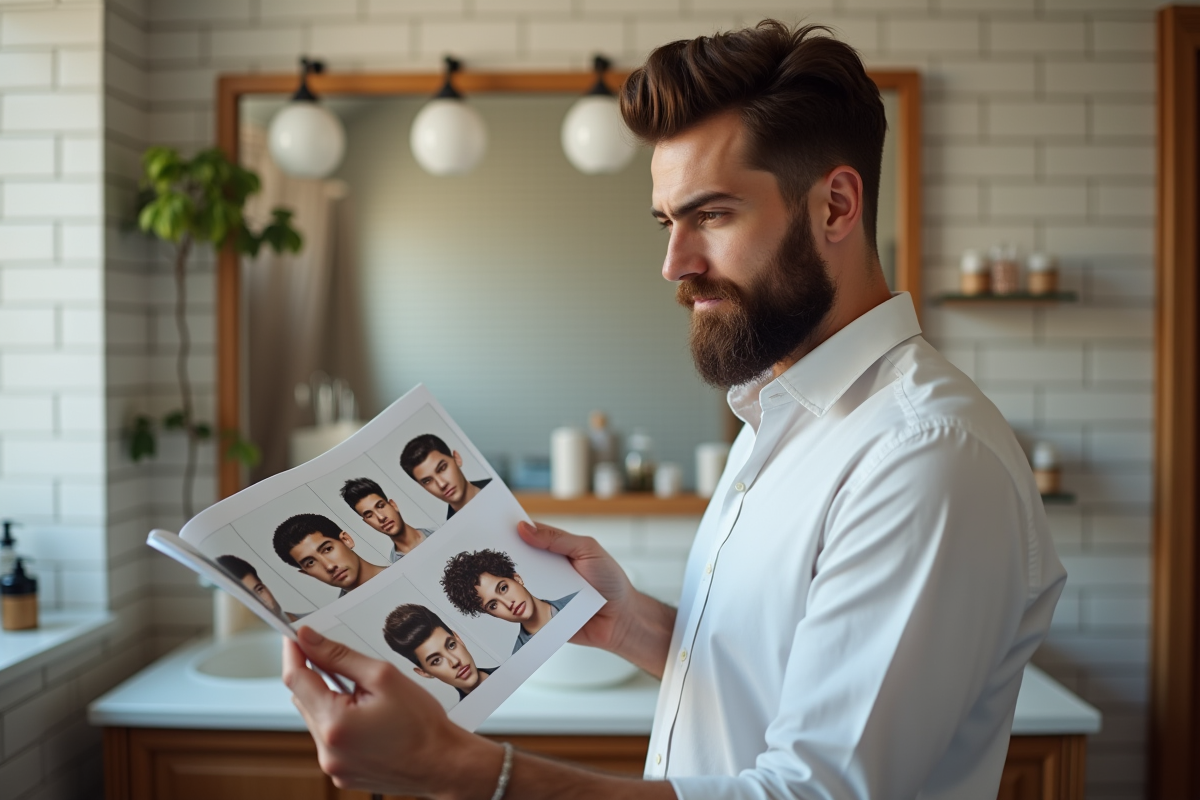 Homme barbu regardant une photo de coiffures modernes dans une salle de bain