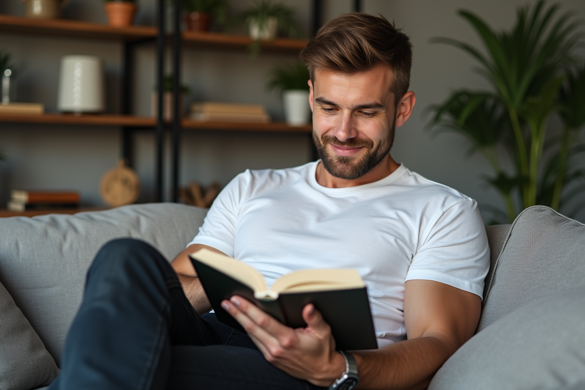 Jeune homme lisant dans un salon moderne