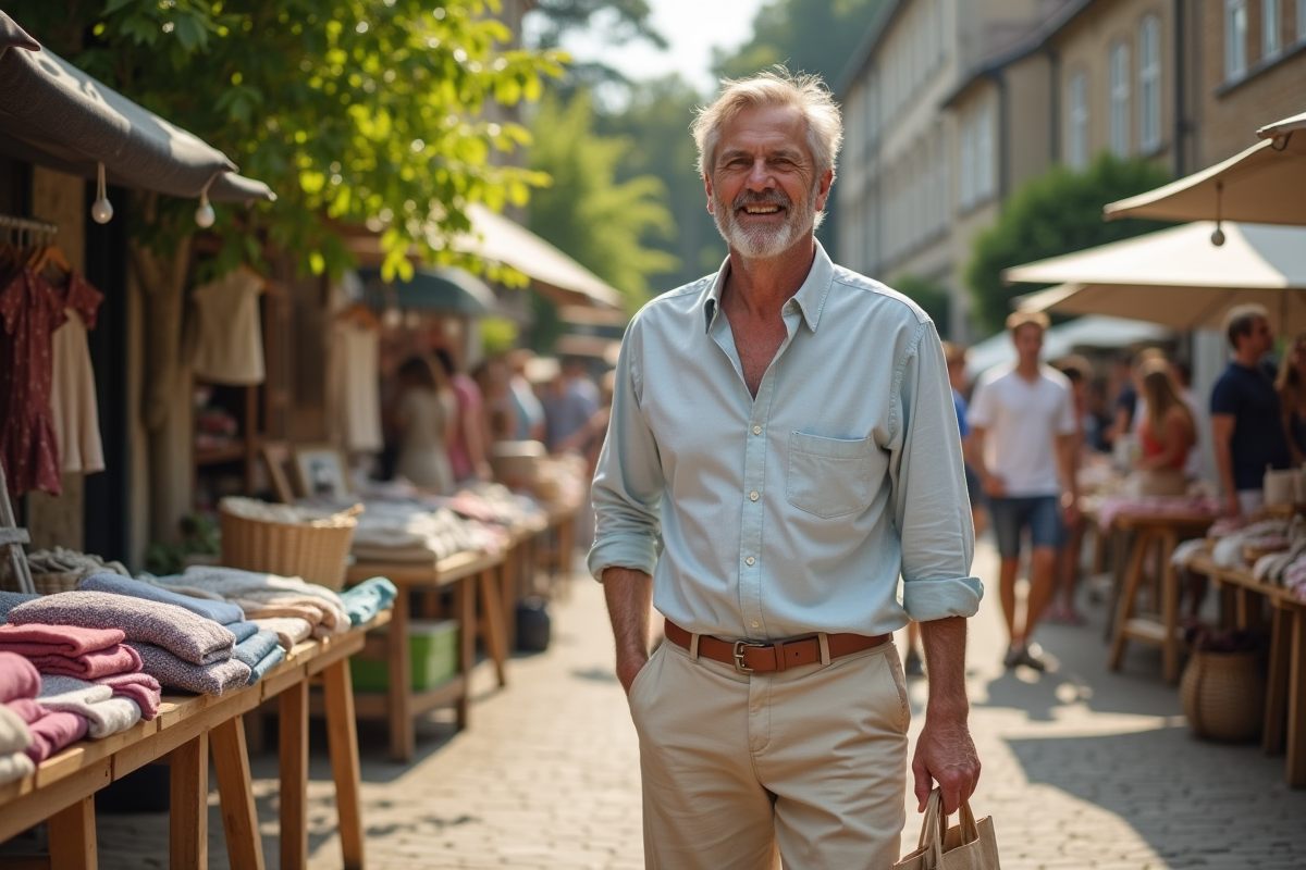 Homme souriant au marché avec vêtements en coton bio et sac réutilisable