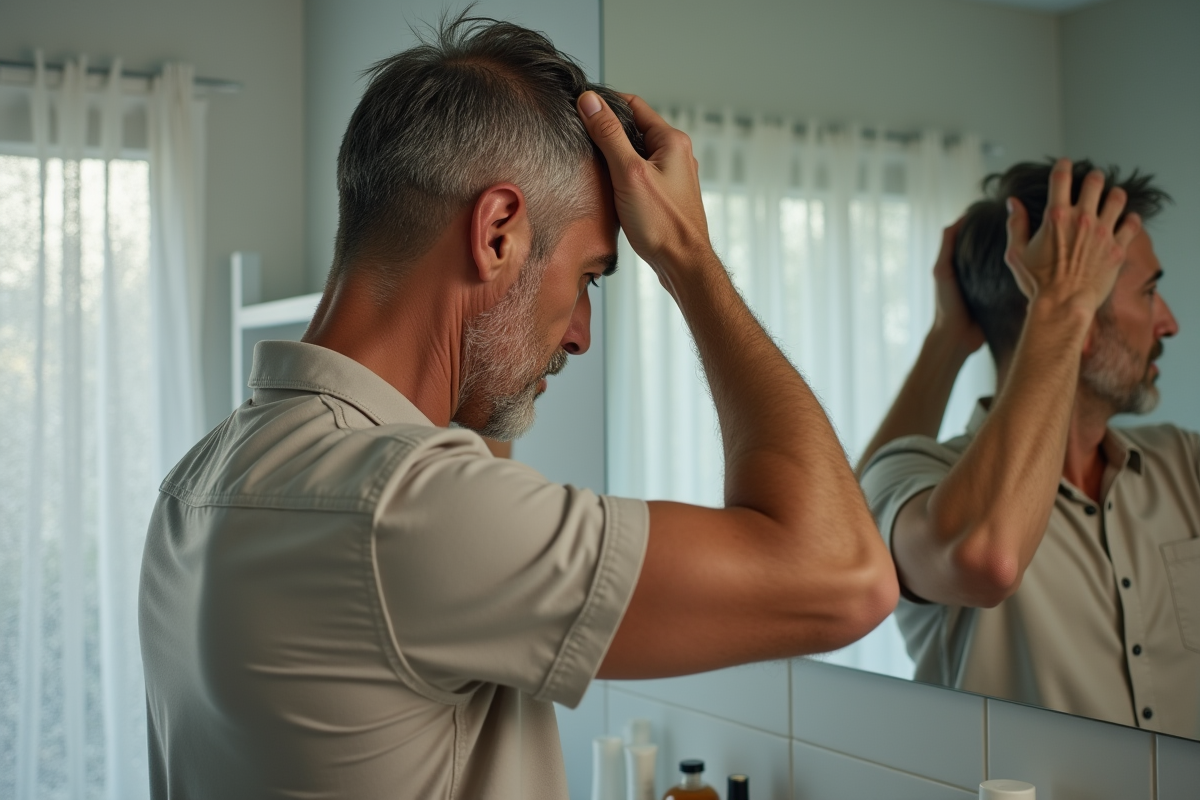 Homme appliquant un soin capillaire dans sa salle de bain