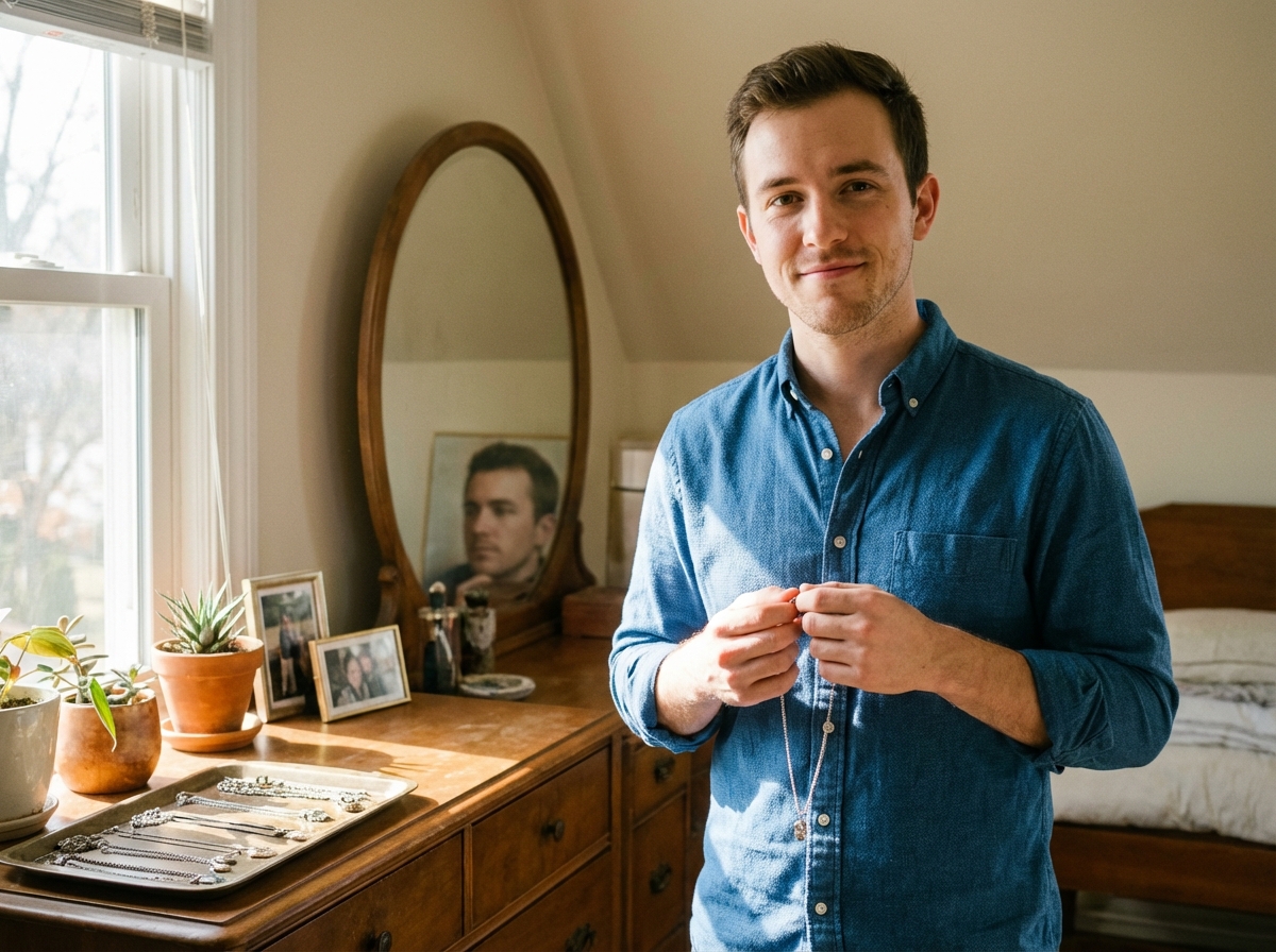 Homme ajustant un pendentif dans un miroir lumineux