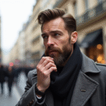 Homme élégant dans la rue de Paris avec barbe soignée