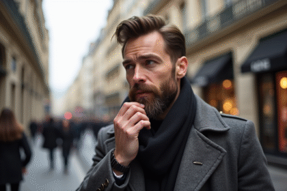 Homme élégant dans la rue de Paris avec barbe soignée