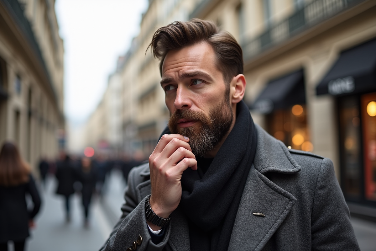 Homme élégant dans la rue de Paris avec barbe soignée