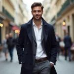 Homme élégant marchant dans une rue parisienne automne