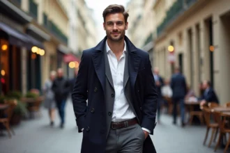 Homme élégant marchant dans une rue parisienne automne
