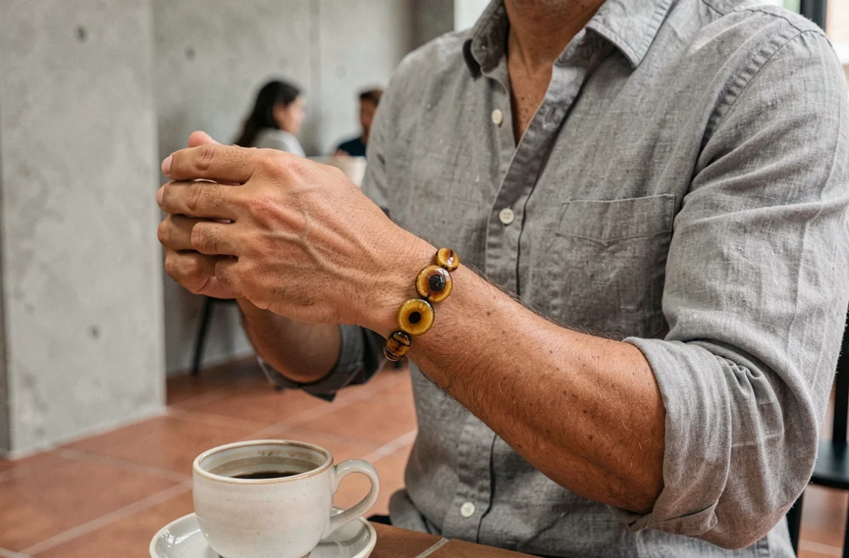 Homme portant un bracelet oeil du tigre au poignet gauche dans un café moderne, associé à une chemise en lin gris