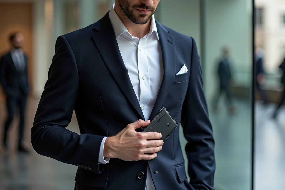 Homme en blazer marine sortant un portefeuille minimaliste noir RFID personnalisé de sa poche intérieure dans un lobby moderne