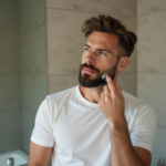 Homme en train de raser sa barbe dans une salle de bain moderne
