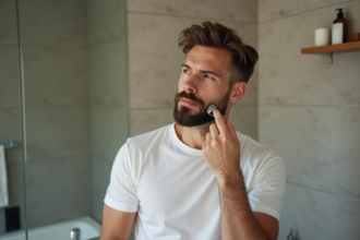Homme en train de raser sa barbe dans une salle de bain moderne
