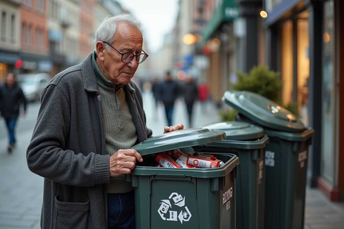 Homme âgé recyclant des tubes de rouge à lèvres dans la rue