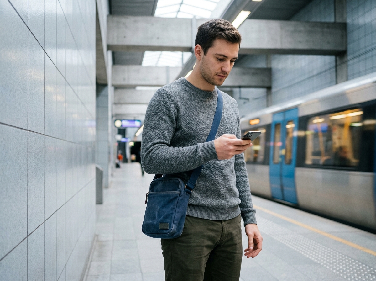 Homme avec un sac bandoulière bleu marine dans une station de métro, consultant son téléphone les mains libres