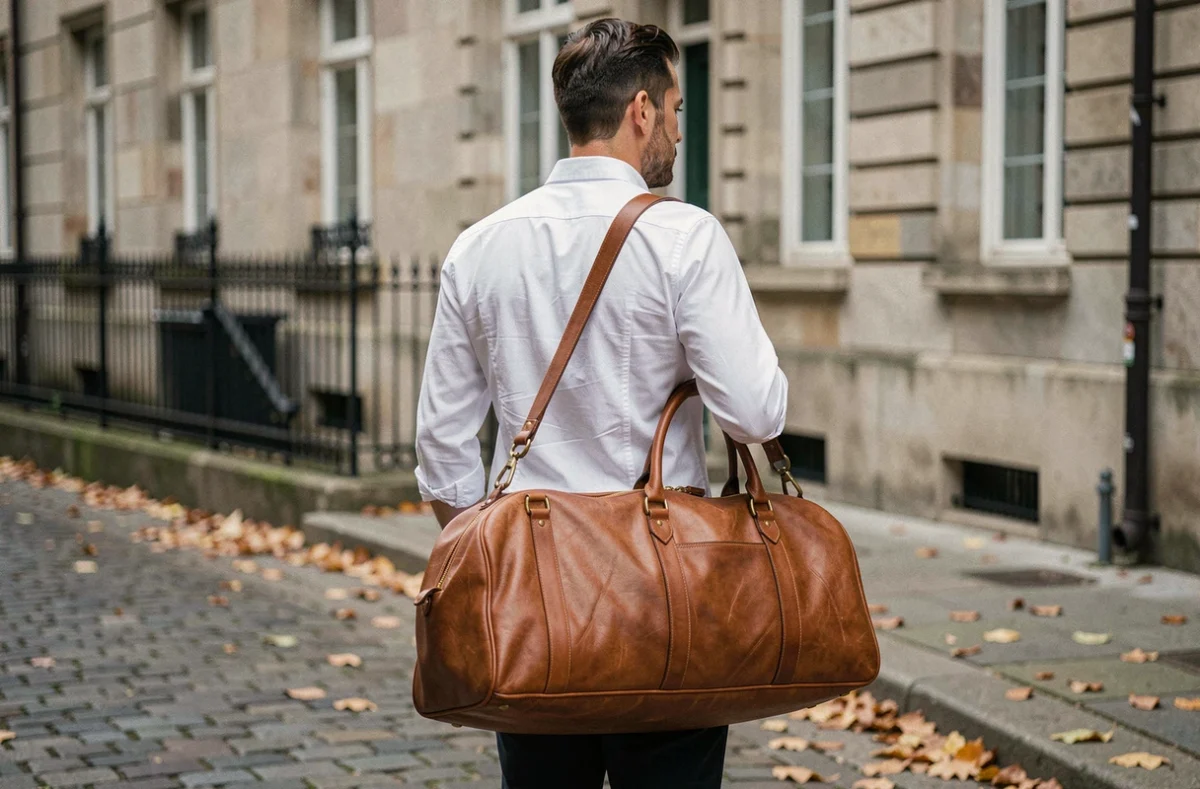 Homme élégant portant un sac de voyage en cuir cognac sur l'épaule dans une rue pavée européenne en automne