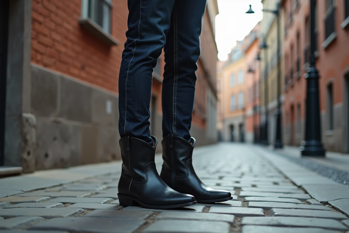 Homme portant des santiags en cuir noir avec un jean slim dans une rue pavée européenne, vue en pied mettant en valeur la hauteur de la tige