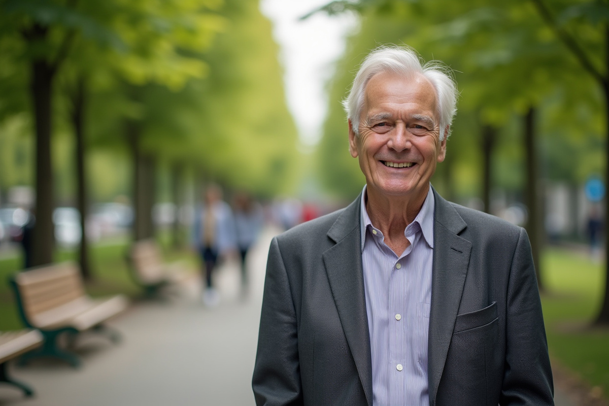 Homme senior souriant dans un parc urbain verdoyant