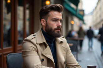 Homme élégant avec barbe et trench à Paris