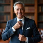 Homme en costume navy ajustant sa cravate dans un bureau élégant