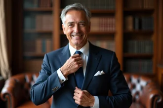 Homme en costume navy ajustant sa cravate dans un bureau élégant