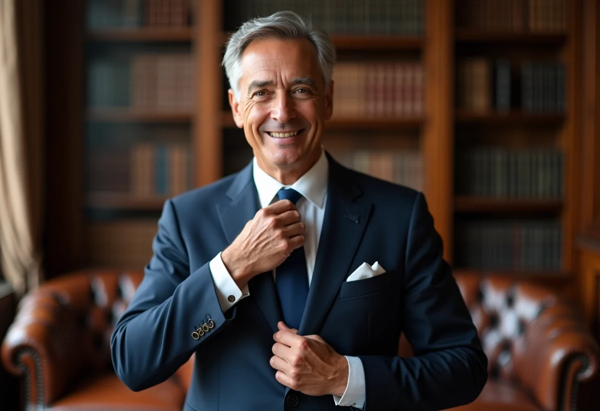 Homme en costume navy ajustant sa cravate dans un bureau élégant