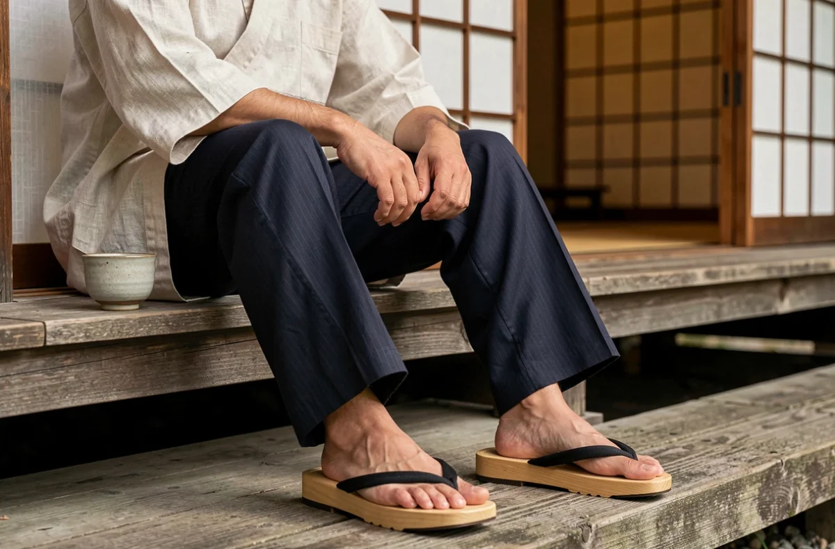 Homme en tenue japonaise décontractée avec kimono en lin et sandales geta tengu sur une véranda engawa en bois