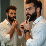 Homme avec barbe en train de se raser devant un miroir moderne