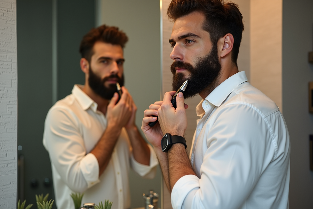 Homme avec barbe en train de se raser devant un miroir moderne