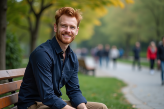 Homme élégant aux cheveux cuivrés dans un parc urbain