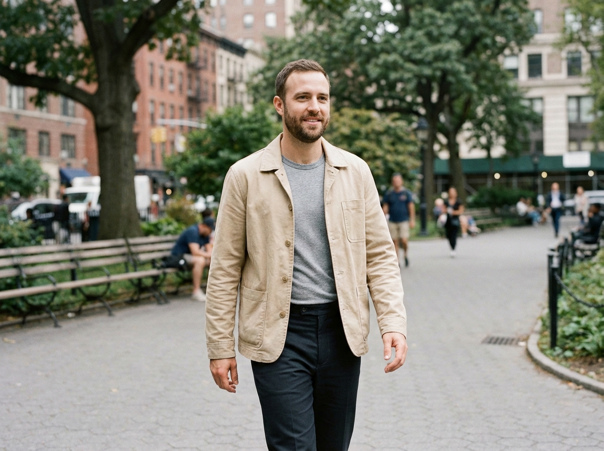 Homme décontracté en ville avec veste beige et sourire naturel