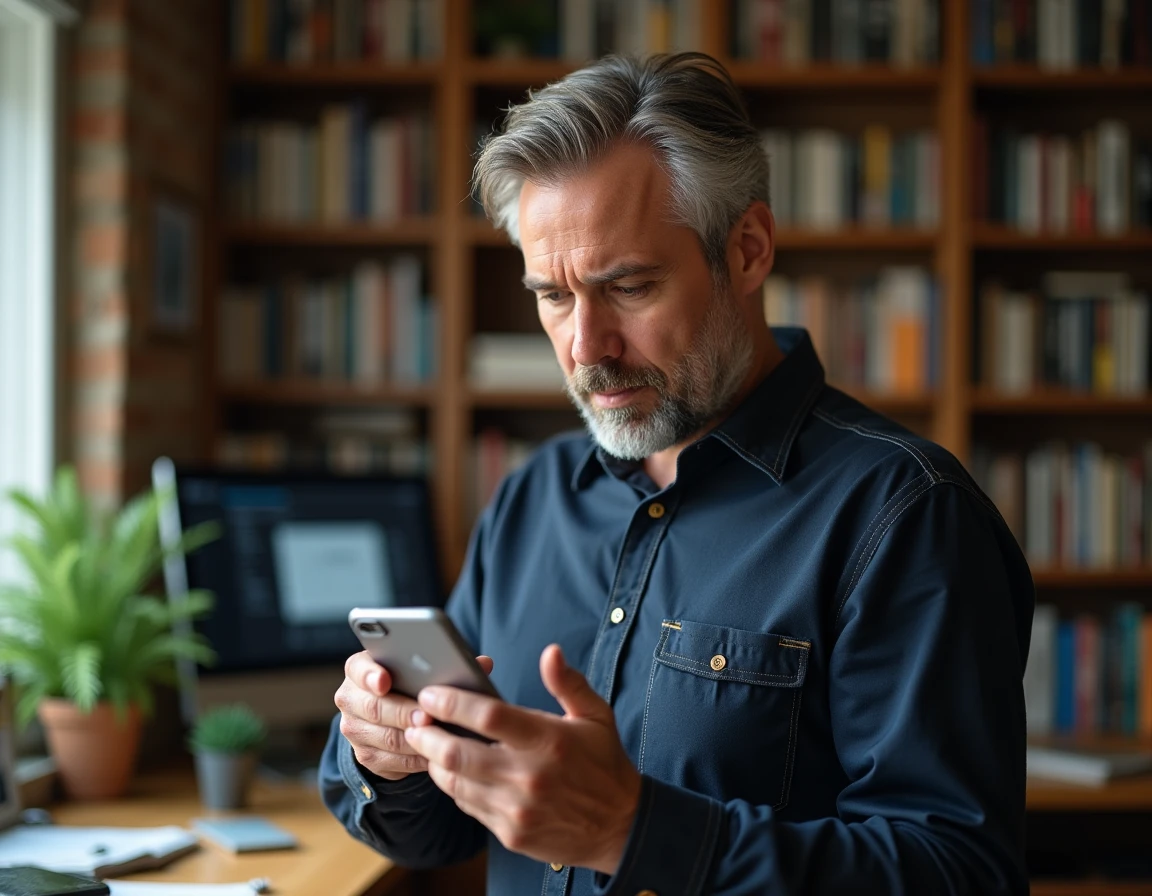 Homme évaluant une annonce de produit d'occasion sur smartphone dans un bureau à domicile, illustrant la fiabilité des achats sur Seelpy