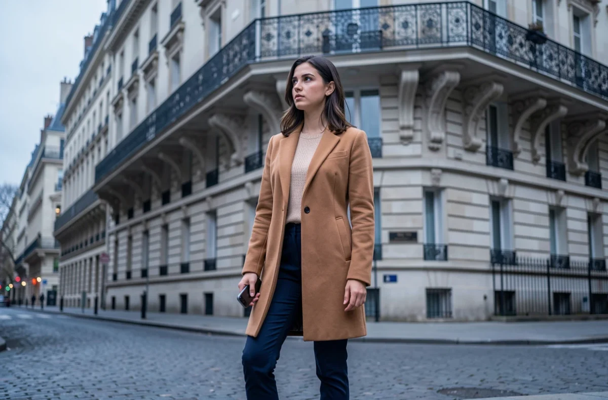 Femme influenceuse nouvelle génération posant dans une rue parisienne avec smartphone, incarnant un style de création de contenu authentique et professionnel