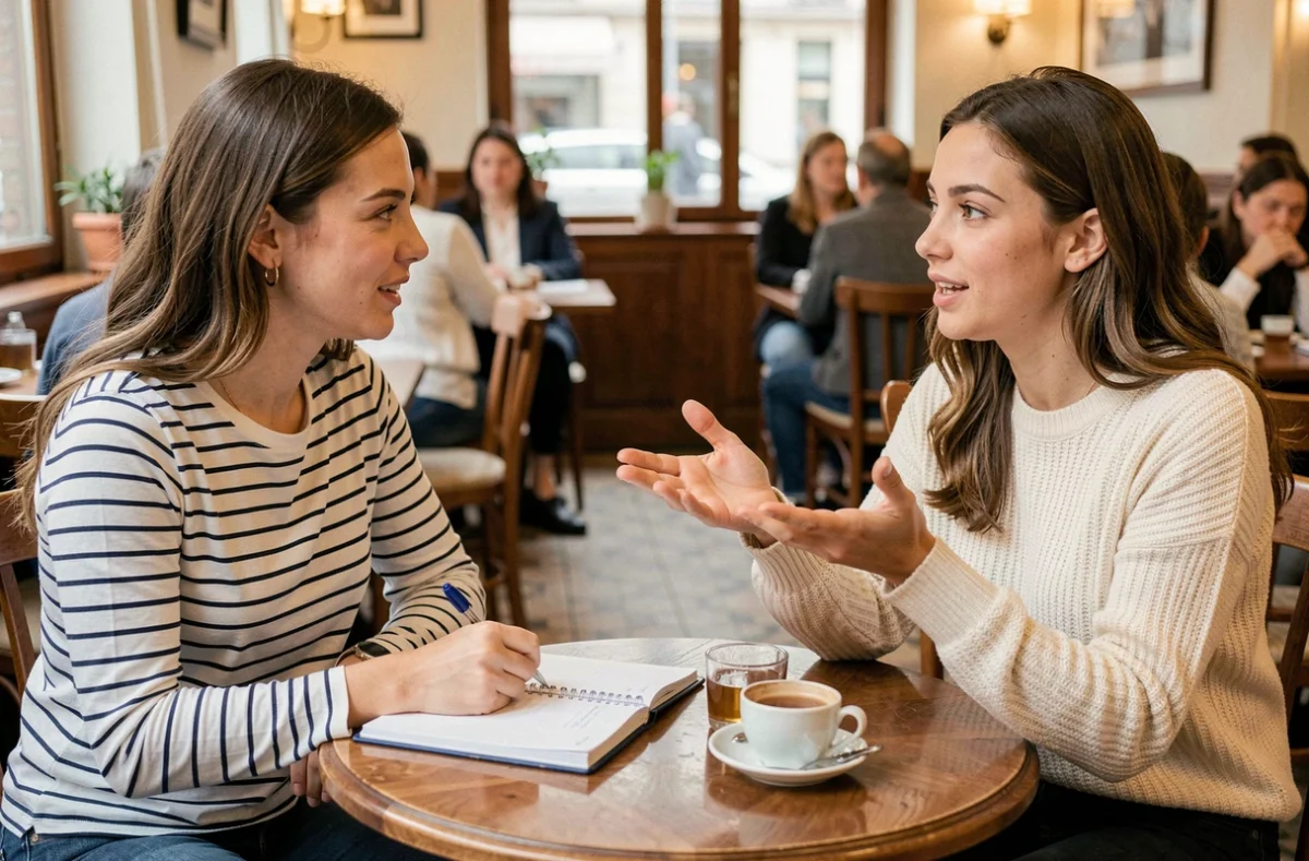Deux jeunes femmes influenceuses discutant de stratégie de contenu dans un café parisien, symbolisant la collaboration et la professionnalisation du métier d'influenceur